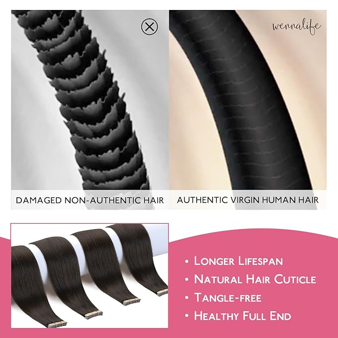 WENNALIFE Tape in Hair Extensions Human Hair Dark Brown, 10pcs 25g 16 inch Remy Invisible Tape Ins Straight Colored Soft Refill Set