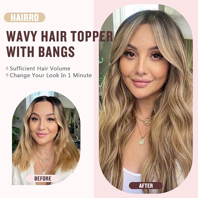 Hairro 18 Inch Long Hair Toppers Wavy with Side Bangs for Women, Clips In Synthetic Hairpieces Capless, for Adding Volume/Birthday/Party/Halloween/Cosplay Dress Up, Dark Brown