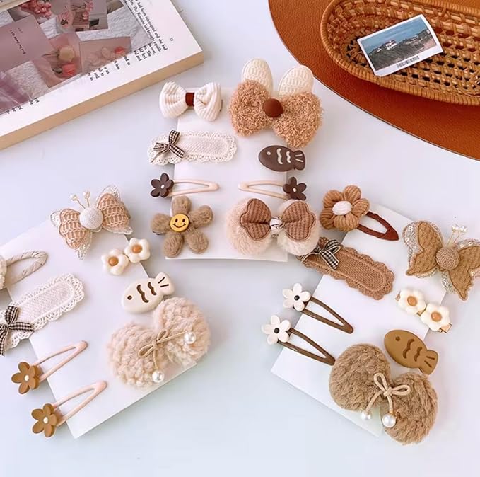 Hair Clips for Baby Girls-8 Pcs Beige Hair Accessories with Knitted Flower, Bow, Butterfly Designs-Soft Wool and Crochet Hairpins-Non-Slip Barrettes for Daily and Occasional Wear (Design 4-8pc Set)
