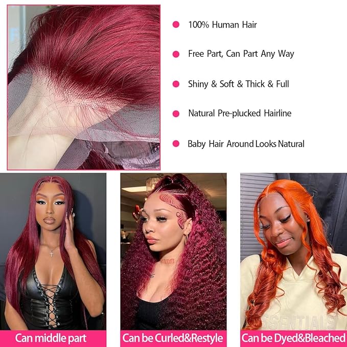 99J Burgundy Lace Front Wigs Human Hair 200 Density Straight 13x6 HD Transparent Lace Frontal Wigs Human Hair Pre Plucked Glueless Red Color Human Hair Lace Front Wigs for Women 32 Inch