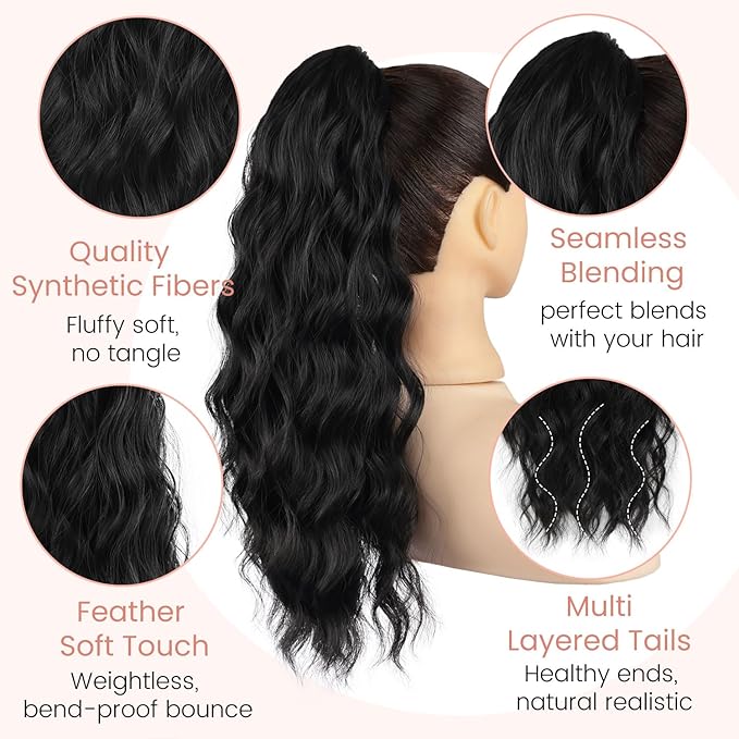 Ponytail Extension, 18 Inch Claw Clip Ponytail Extensions Curly Wavy Ponytail Hair Extension Jaw Clip on Pony Tails Hairpiece for Women Fluffy Natural Synthetic for Daily Use (Light Black)