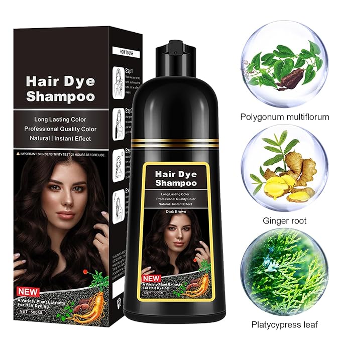 Instant Dark Brown Hair Dye Shampoo for Gray Hair - Long Lasting Herbal Formula, Colors in Minutes, 3 in 1 for Women and Men, 17.6 FL OZ