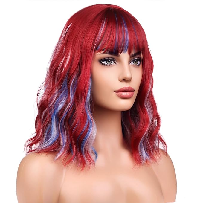 BERON 14 Inches 4th of July Wig Red White and Blue Wigs for Women Short Curly Red White and Blue Flag Wigs with Bangs for Daily Party Hairnet nclude