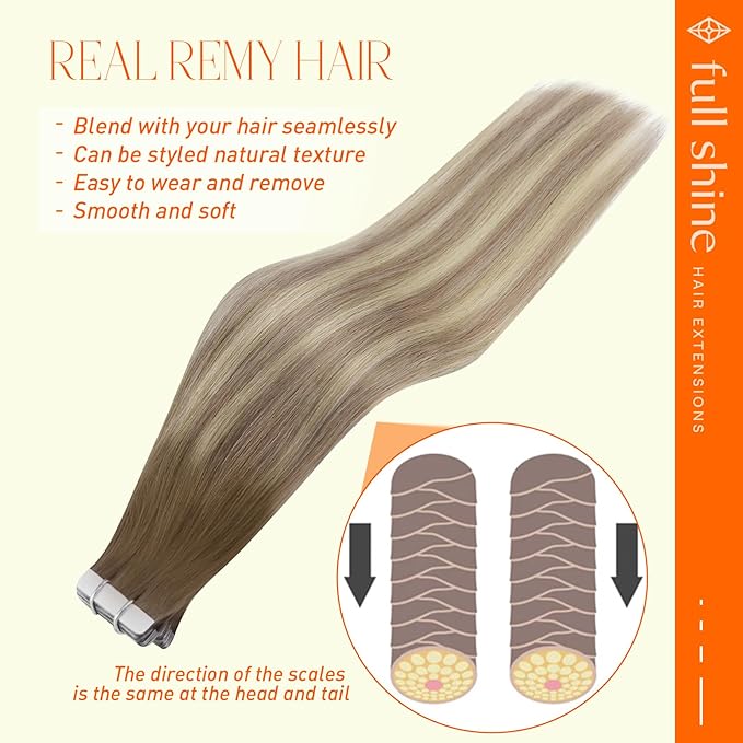 Full Shine Tape in Hair Extensions Invisible Tape in Hair Extensions Human Hair Ombre 18 Inch Color 8 Ash Brown Fading to 60 Platinum And 18 Ash Blonde 20Pcs 50G Remy Straight Seamless Skin Weft