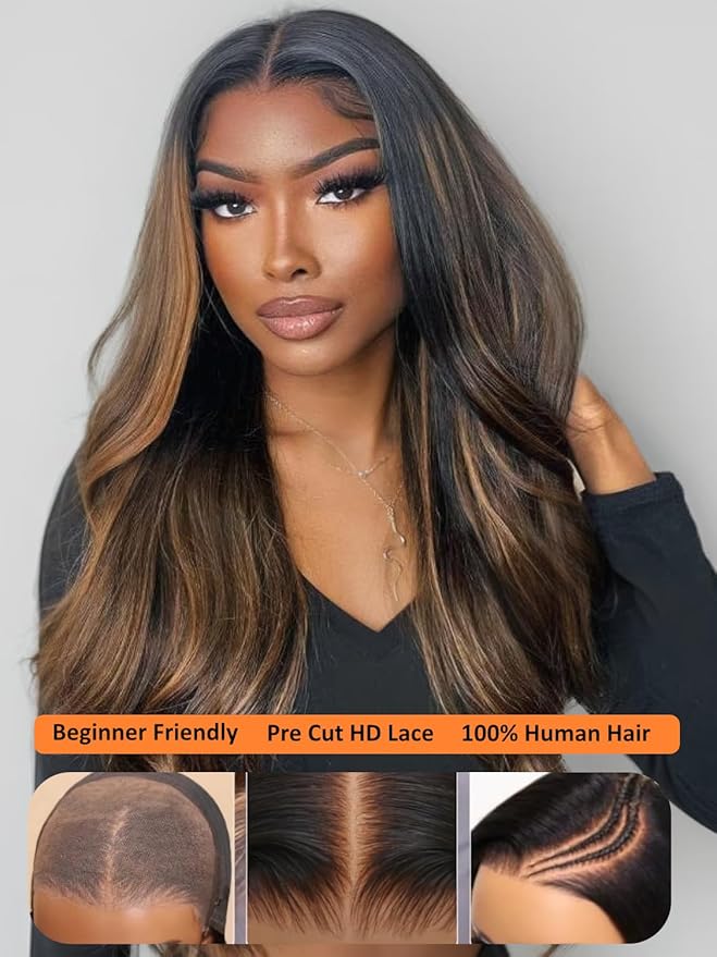 Julia Hair Bye Bye Knots Glueless Wig Highlight Balayage Brown Body Wave 7x5 Pre Cut HD Lace Front Wigs Human Hair Pre Plucked Bleached Knots Pre Everything Ready To Go Ombre Wig 22 Inch