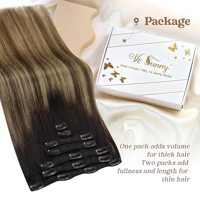 Ve Sunny Human Hair Clip in Extensions Black Clip in Hair Extensions Black Ombre Brown with Blonde Extensions for Women Real Hair Thick End 16Inch 120g