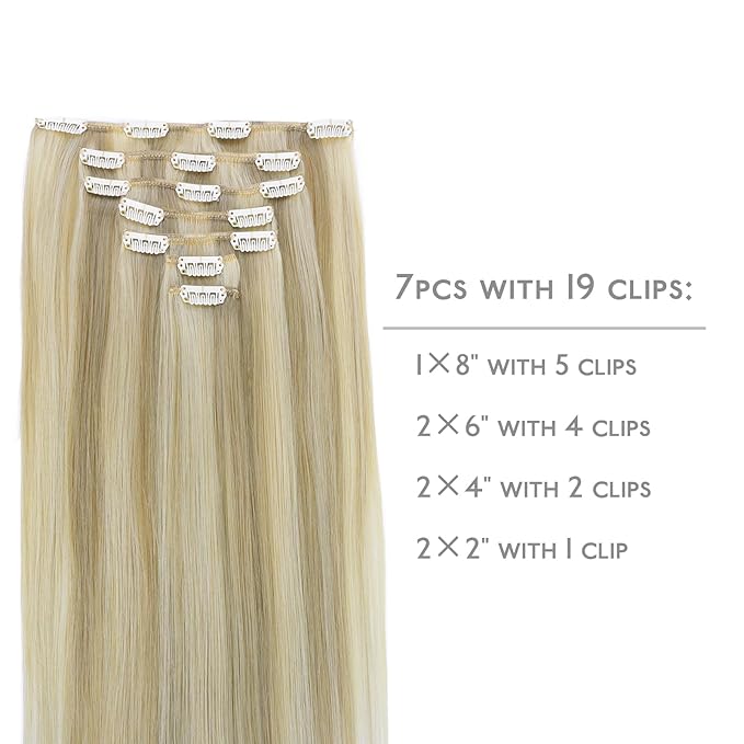 WENNALIFE Clip in Hair Extensions Real Human Hair, 22 Inch 120g 7pcs Remy Hair, Ash Blonde Highlighted Platinum Blonde Straight Natural Extensiones De Cabello Humano Con Clip Ins