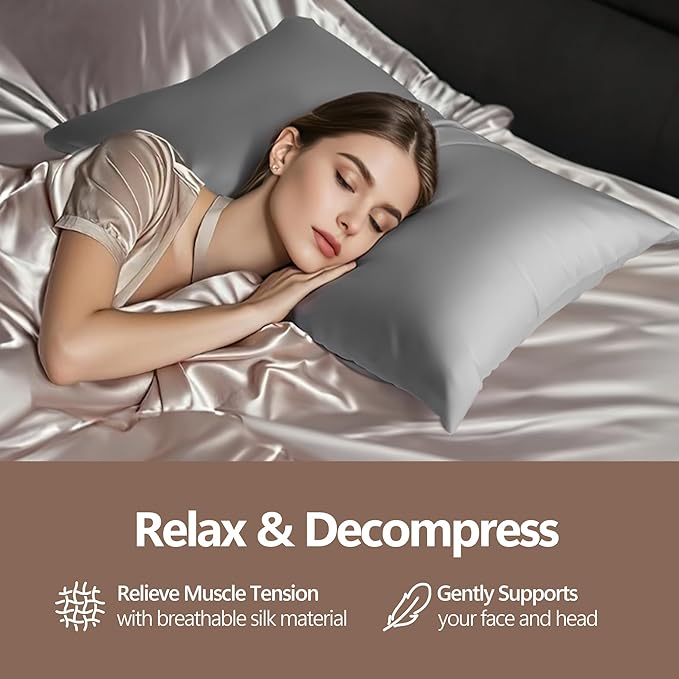 Set of 2 100% Silk Pillow Cases King - 6A Luxury Mulberry Silk Pillowcase for Hair and Skin - Anti-Wrinkle, Cooling & Smooth, Hidden Zipper - Pillowcases for Sleeping Women Girl, Boy, Silver Grey