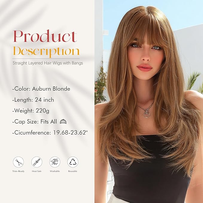 SOFEIYAN Long Straight Layered Auburn Blonde Wig with Bangs 24 Inch Synthetic Natural Hair Wig Soft Heat Resistant Long Wigs for Women Daily Party Use