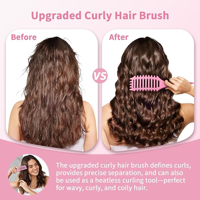 Curl Defining Brush, 4-in-1 Curly Hair Brush – Flexible Styling Brushes for Women and Men, Curls Detangling Hairbrush Featuring a Crescent Shape and Ultra-Smooth Bristles for Wet & Dry Hair - Pink