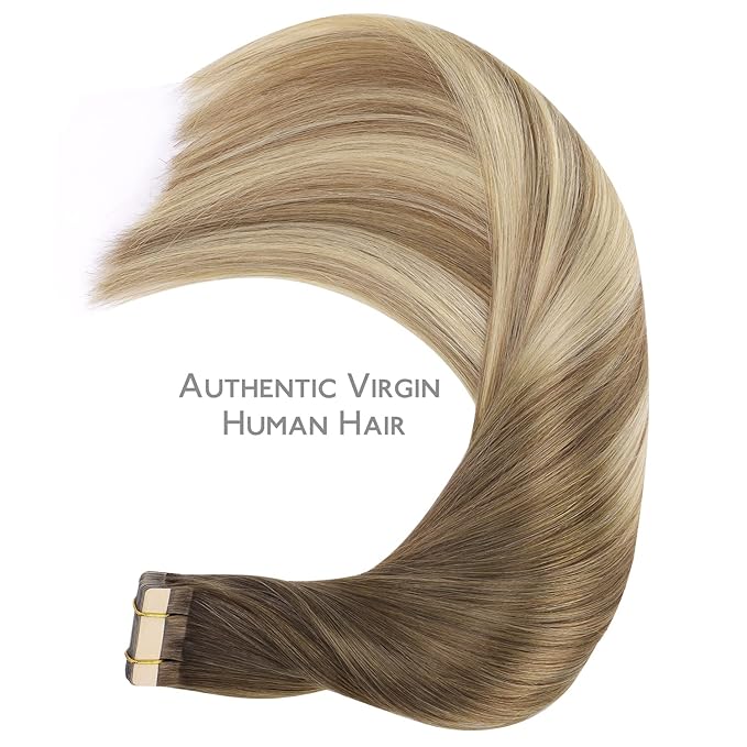WENNALIFE Tape in Hair Extensions Human Hair, 20pcs 60g 26 inch Ombre Walnut Brown to Ash Brown and Bleach Blonde Remy Hair Extensions Straight Human Hair Tape in Extensions Skin Weft Tape Extensions