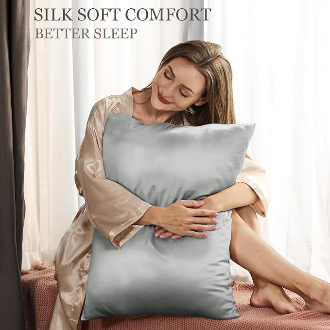 Adubor Silk Pillowcase for Hair and Skin with Hidden Zipper, Both Sides 23 Momme Silk Pillow Case, Queen Size 20×30 inches, Dark Grey, 2PCS