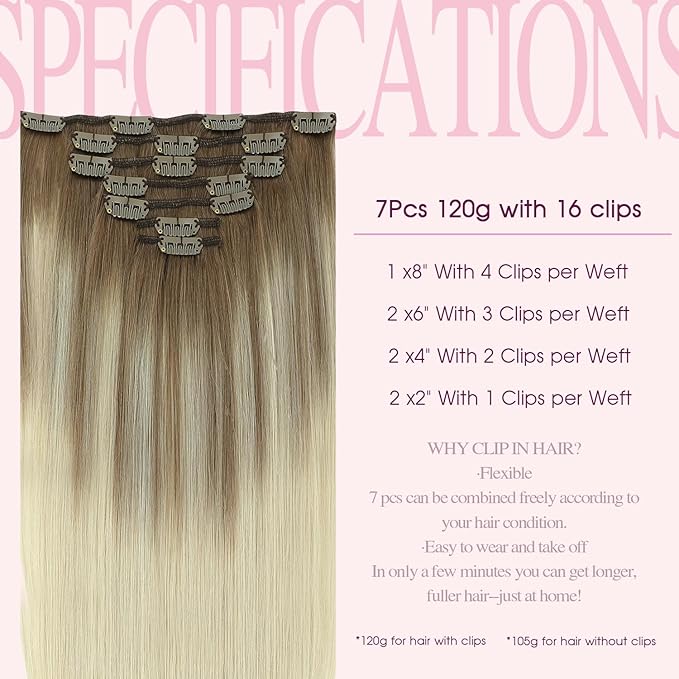 PINKPEARL Human Hair Clip in Hair Extensions 20inch #8T60 Ash Brown to Platinum Blonde Balayage Clip in Hair Extensions Real Human Hair 7pcs 120g Natural Remy Human Hair(#8T60-20)
