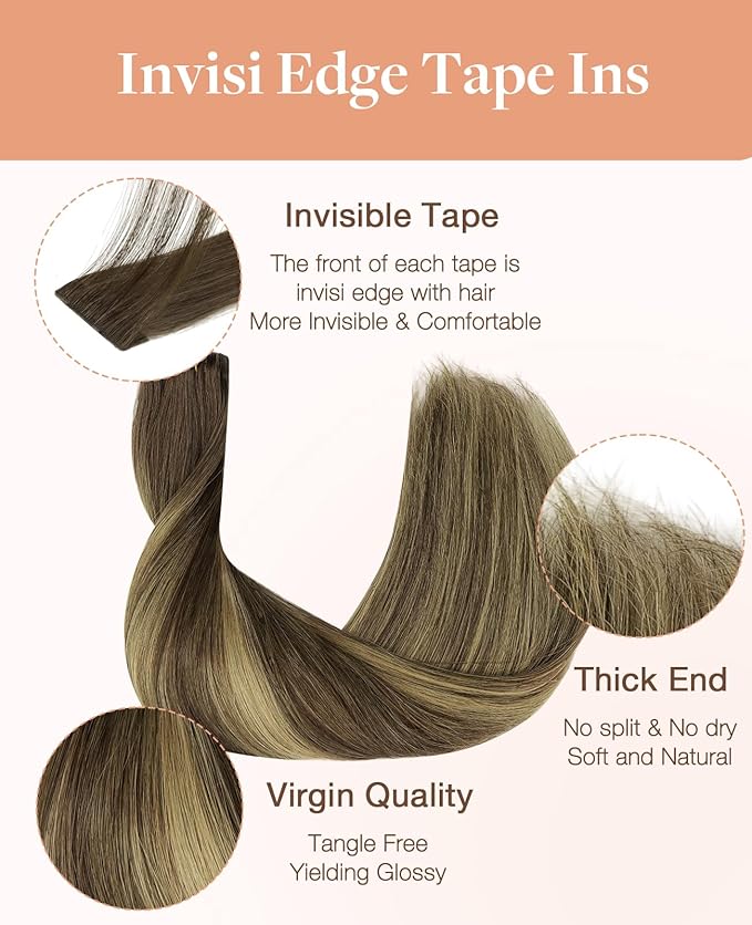 GOO GOO Invisi Edge Tape in Hair Extensions Human Hair, 4/27/4 Balayage Chocolate Brown to Caramel Blonde 20pcs injected with 20pcs classical tape ins, 24inch 100g, Virgin Remy Hair, Natural Look