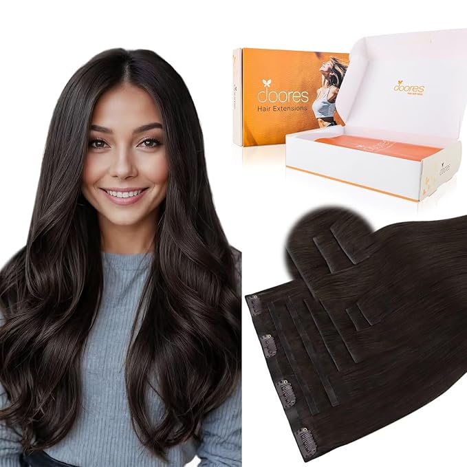 DOORES Clip in Hair Extensions Set 20 Inch 140g, 4pcs Invisi Edge Clip ins and 3pcs Classic Seamless Clip ins, Injected Virgin Real Human Hair Extensions Natural Invisible Straight, #2