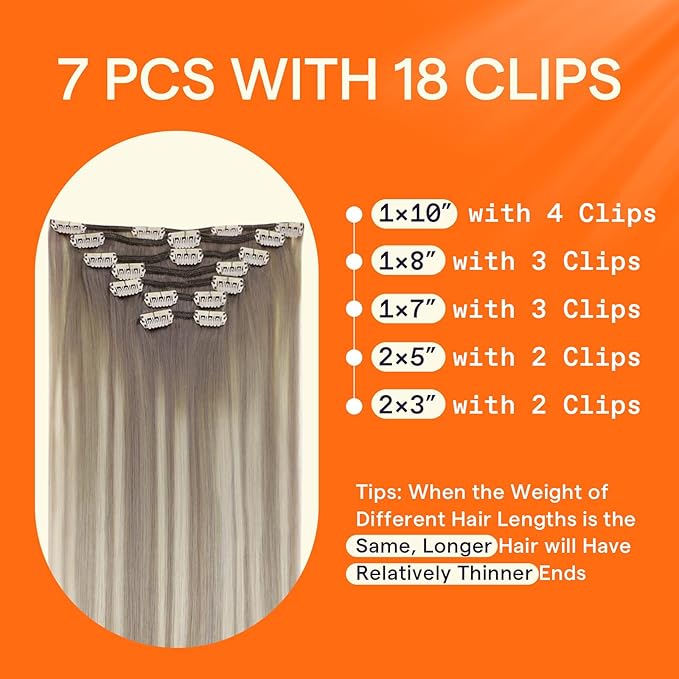 Full Shine Clip in Extensions Real Human Hair Grey to Blonde 20 Inch Balayage Grey Hair Extensions Real Human Hair Clip ins 7 Pcs 120 G