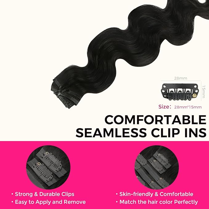 Lashey Clip in Hair Extensions Real Human Hair 150g Body Wave 9pcs Seamless Clip in Hair Extensions, 22 Inch #1B Natural Black 100% Real Soft Human Hair for Women