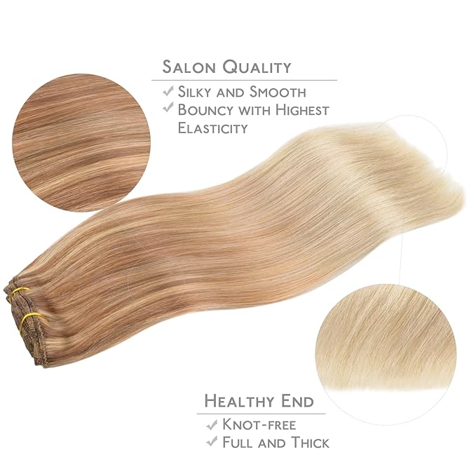 WENNALIFE Clip in Hair Extensions Real Human Hair, 14 Inch 120g 7pcs Ash Beige Blonde Blend Remy Hair Natural Double Weft