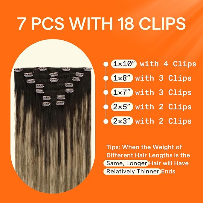 Full Shine Clip in Hair Extensions Human Hair Balayage 24 Inch Ombre Dark Brown to Light Brown Mix Caramel Blonde Long Human Hair Clip in Extensions for Women 7 Pcs 120 G