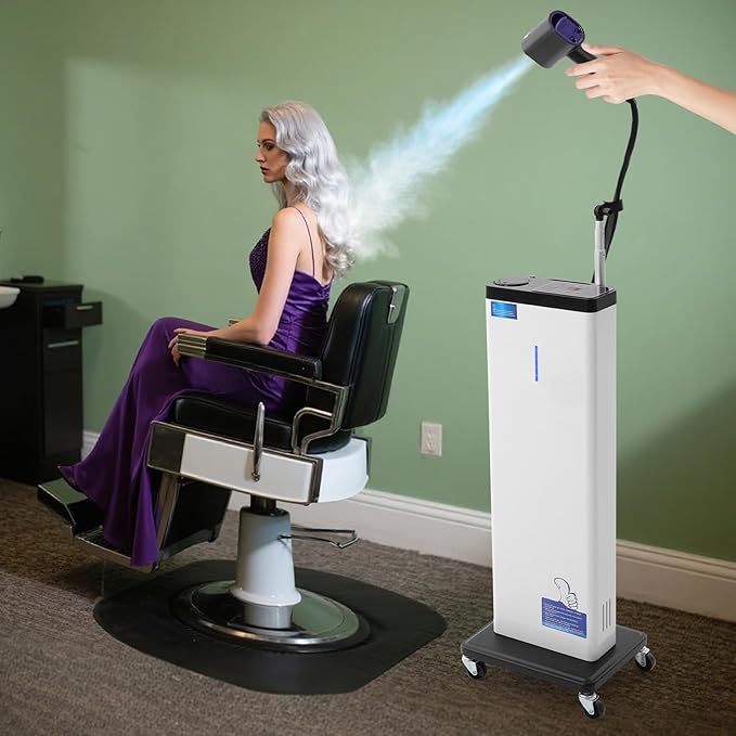 Nano Mist Hair Steamer, 9 Settings Adjustable Hair Salon Steamer, Professional Nano Mist Salon Hair Processor with 360°Swivel Wheels, 1300W Nanoscale Spray for Hair Care Hair Repair (White)