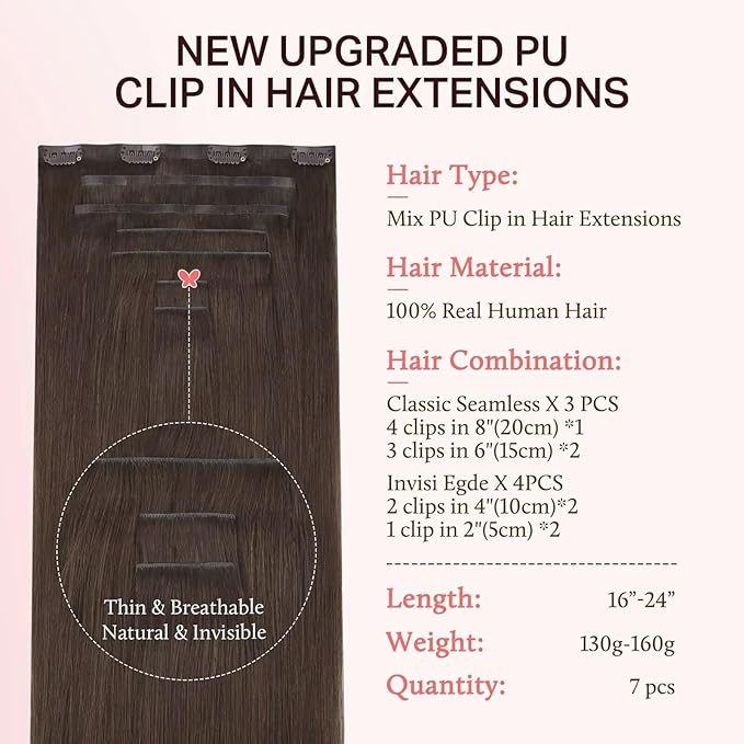 DOORES Clip in Hair Extensions Set 18 Inch 130g, 4pcs Invisi Edge Clip ins and 3pcs Classic Seamless Clip ins, Injected Virgin Real Human Hair Extensions Natural Invisible Straight, #4A