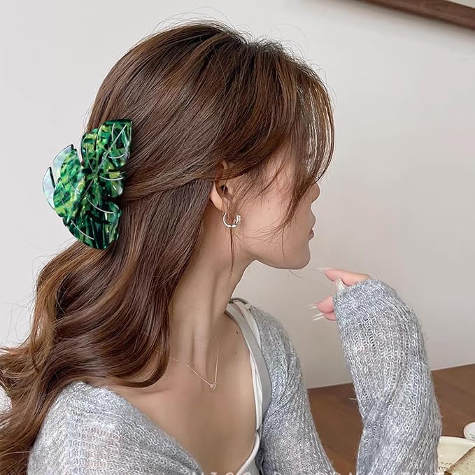 Hair Claw Clip Green Leaf Shape 3.5 Inch Hair Grip Clip French Design Women Girls Spring Hair Accessories Strong Hold for Thick Thin Hair