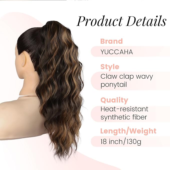 Claw Clip Ponytail Extension 18 Inch Curly Wavy Ponytail Extension Jaw Clip on Pony Tails Hairpiece for Women Fluffy Natural Synthetic for Daily Use (Dark Brown with Auburn Blonde)