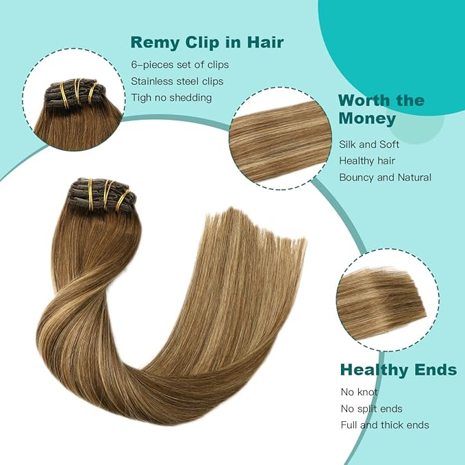 SURNEL Clip in Extensions Human Hair Chocolate Brown to Caramel Blonde Clip in Hair Extensions Real Human Hair 22 inch 6pcs 120g (22, #4/27/4)