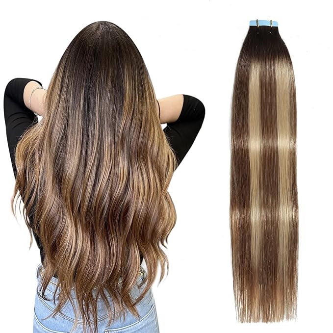 SUYYA Tape in Hair Extensions Human Hair Balayage Darkest Brown to Chestnut Brown and Light Blonde 12 Inch 40g/pack 20pcs Straight Seamless Skin Weft Tape in Extensions(12inch #P6/16/T2)