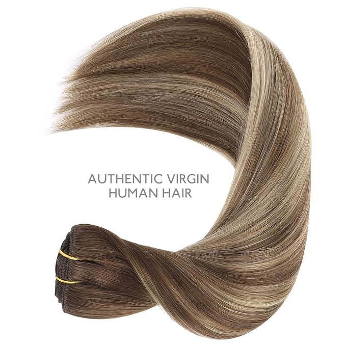 WENNALIFE Clip in Hair Extensions Real Human Hair, 14 Inch 120g 7pcs Balayage Chocolate Brown to Honey Blonde Hair Extensions Clip in Human Hair Remy Clip in Hair Extensions Real Human Hair