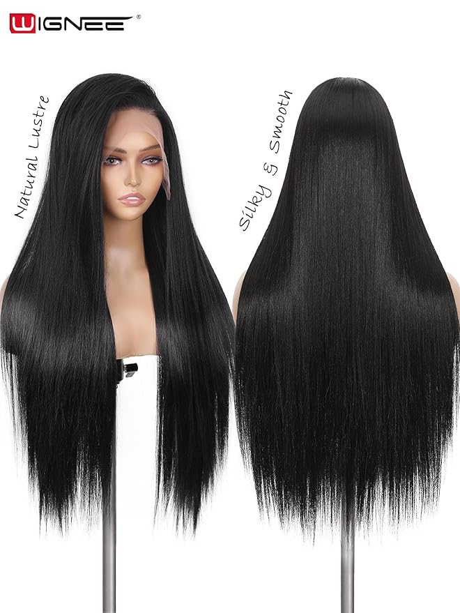 WIGNEE 13x6 Synthetic Lace Front Wig 28" Long Straight Wig Natural Black Kanekalon Futura Synthetic Wigs for Black Women Pre-Plucked Glueless Wig for Daily Party Use