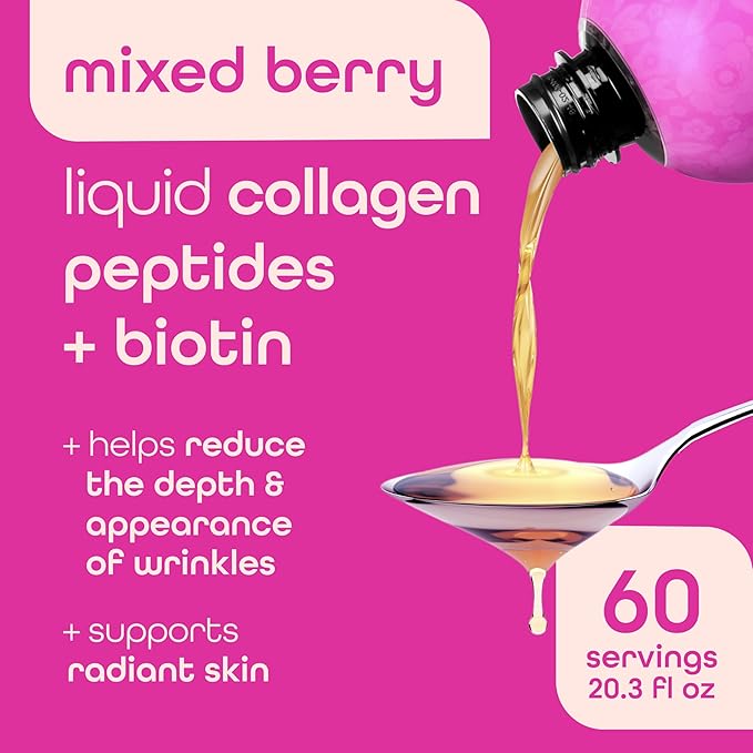 Zena Nutrition Liquid Collagen for Women & Men (Type 1 & 2) & 5000mcg Biotin, 2500mg Verisol Bioactive Collagen Peptides, Hair, Skin, Nail Supplement, Mixed Berry, 60 Servings, 20.3 fl oz