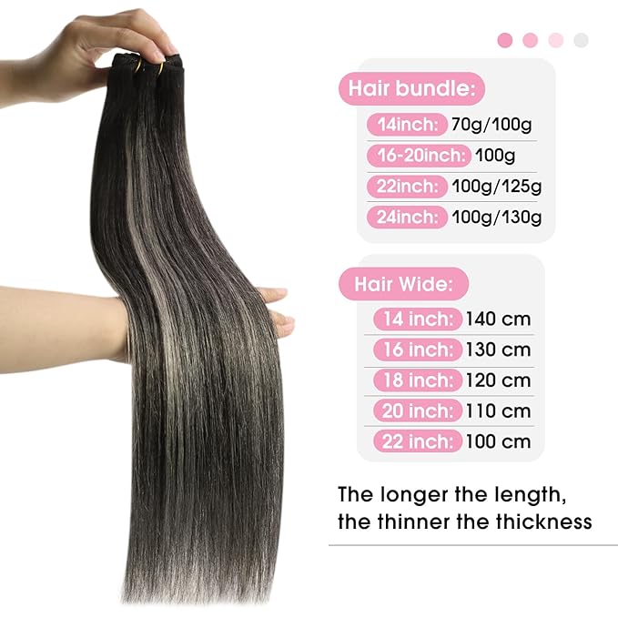 YoungSee 125G Black Hair Extensions Weft Balayage Natural Black Mix Silver Grey Weft Hair Extensions Human Hair Ombre Sew in Extensions for Long Hair 22In