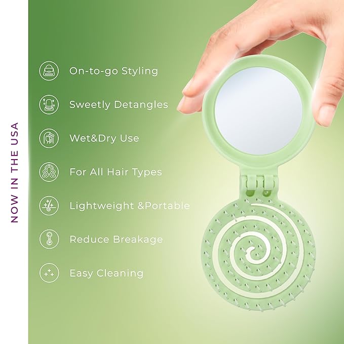 Mini Detangler Travel Hair Brush with Mirror, Makaron Hair Brushes for Women, Men and Kids, Unique 3D Flexible Design for All Hair Types, Styling Accessory, Travel Essentials for Women (GREEN)