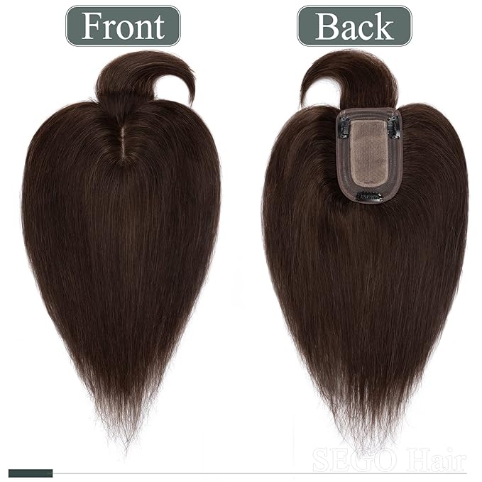 SEGO Hair Toppers for Women Real Human Hair with Thinning Hair, Toppers Hair Pieces Clip in Toppers Straight Hair Pieces with Front Bangs 150% Density Silk Base -10 Inch #2 Dark Brown