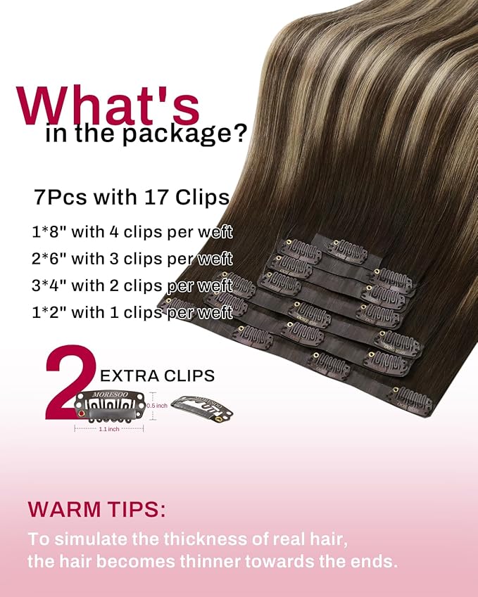 Moresoo Seamless Clip in Hair Extensions Real Human Hair Dark Brown to Caramel Blonde Ombre Human Hair Clip in Extensions Brown to Blonde Balayage Invisible 120g/7pcs 16 inch