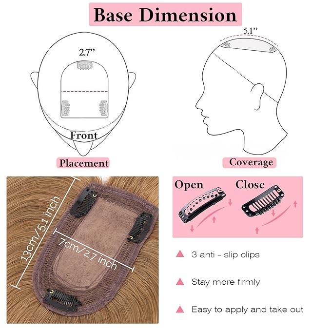 SEGO 100% Real Human Hair Toppers, with Air Bangs, Silk Base 150% Density, Clip in Topper, 2.7肺5.1・ HairPieces for Women, with Thinning/Hair Loss Cover Gray