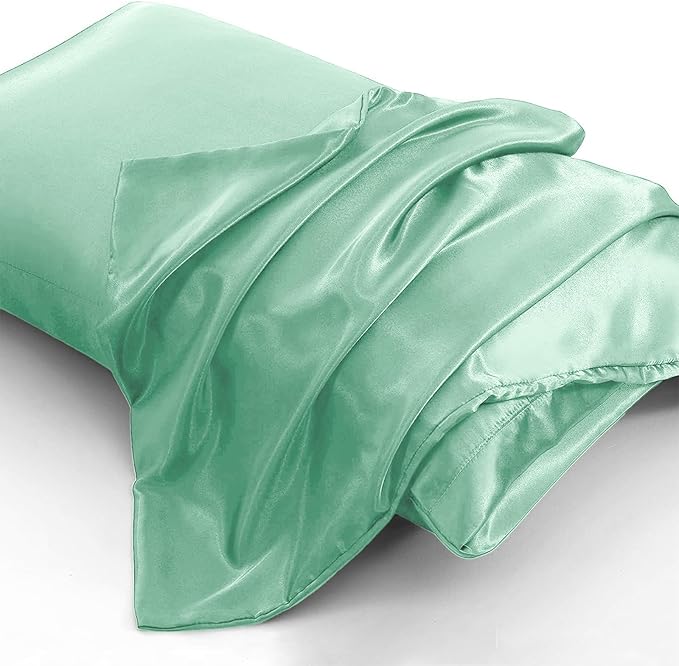 Aormenzy Satin Pillow Cases for Women Queen Size Set of 2, Mint Green Satin Pillowcase for Hair with Envelope Closure Silky Pillow Covers Wrinkle, Fade Resistant (20x30 Inches)