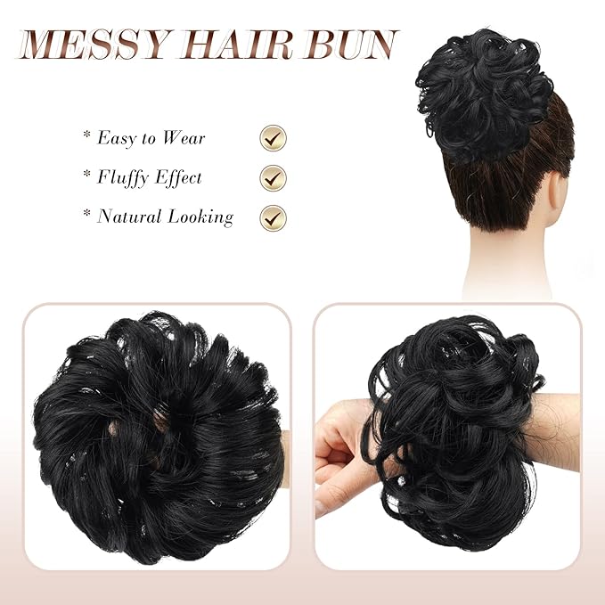 FESHFEN Messy Bun Hair Piece - Elastic Wavy Curly Hair Bun Scrunchies Extensions Synthetic Chignon Hairpieces for Women Girls, Black 1.5 oz