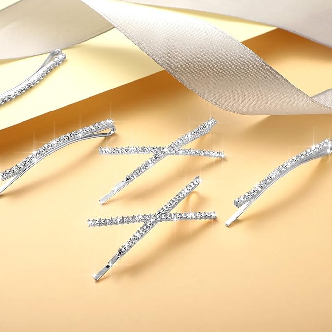 12 Pieces Rhinestone Bobby Pins Decorative Fancy Crystal Hair Clips Shiny Metal X Shaped Barrettes Bling Diamond Wedding Bridal Shower Hair Accessories for Women Ladies Girls (Silver)