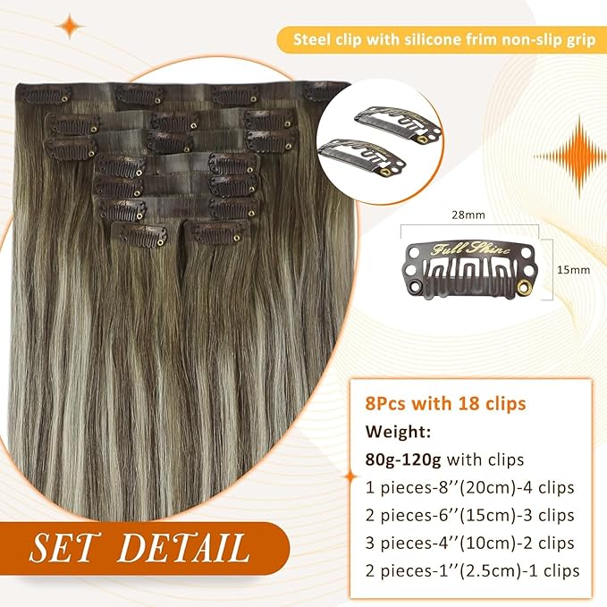 Full Shine Balayage Hair Clip in Extensions Brown Ombre Invisible Clip in Hair Extensions Ash Brown to Cool Blonde Real Human Hair for Long Hair 20 Inch 120 Gram 8 PCS