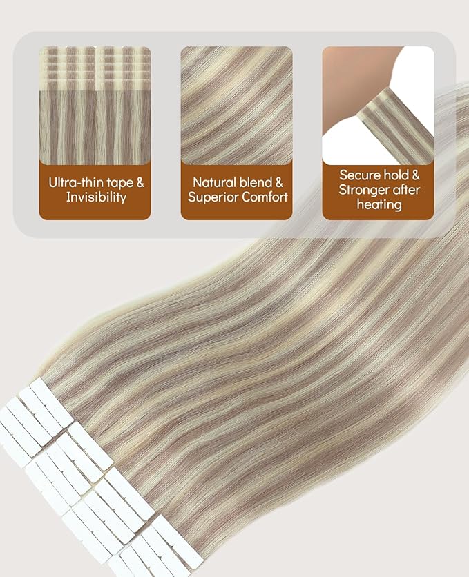 VINBAO Invisi Edge Tape in Hair Extensions Human Hair, 50g 20pcs Dirty Blonde Highlighted Platinum Blonde, Seamless Invisible Tape Natural Blend 18inch #18P60