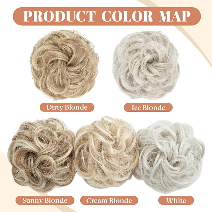 CJL HAIR 2PCS Messy Bun Hair Pieces Wavy Curly Synthetic Updo Chignon Fake Scrunchies Ponytail Extension for Women Ice Blonde