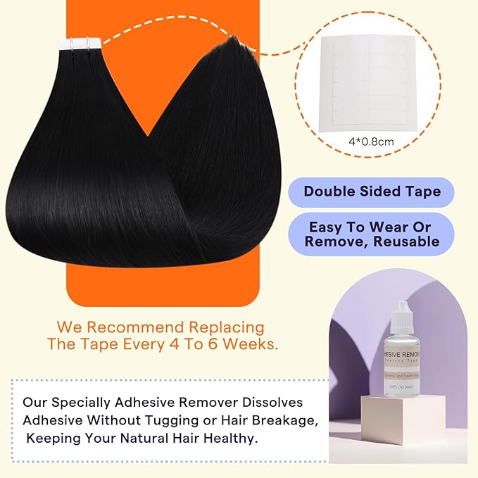 Full Shine Tape in Hair Extensions 22 Inch Color 1B Off Black Straight Invisible Remy Hair Extensions Real Human Hair Tape in 50 Grams 20 PCS Seamless Skin Weft Extensions Add Length