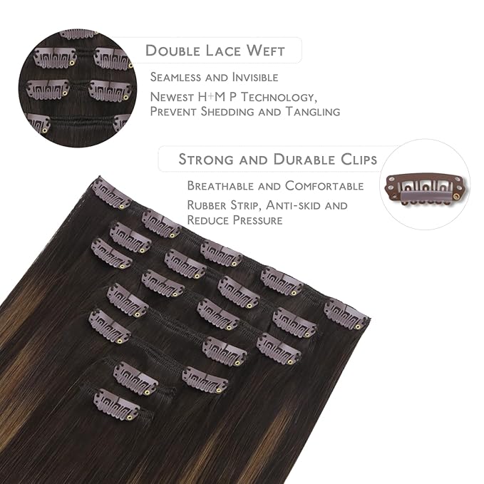 WENNALIFE Clip in Hair Extensions Real Human Hair, 14 Inch 120g 7pcs Dark Brown to Chestnut Brown Balayage Remy Hair Double Weft Reusable