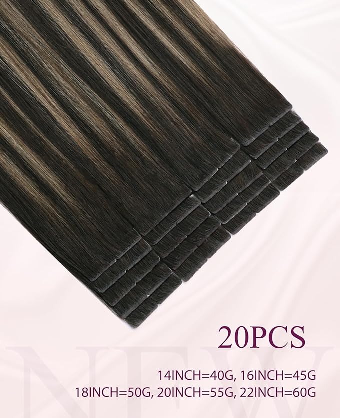 Pinkpearl Invisible Tape in Hair Extensions Human Hair, 20pcs 14inch 40g #2/6/2 Balayage Dark Brown to Chestnut Brown Injection Tape in Extensions Real Remy Human Hair Injected