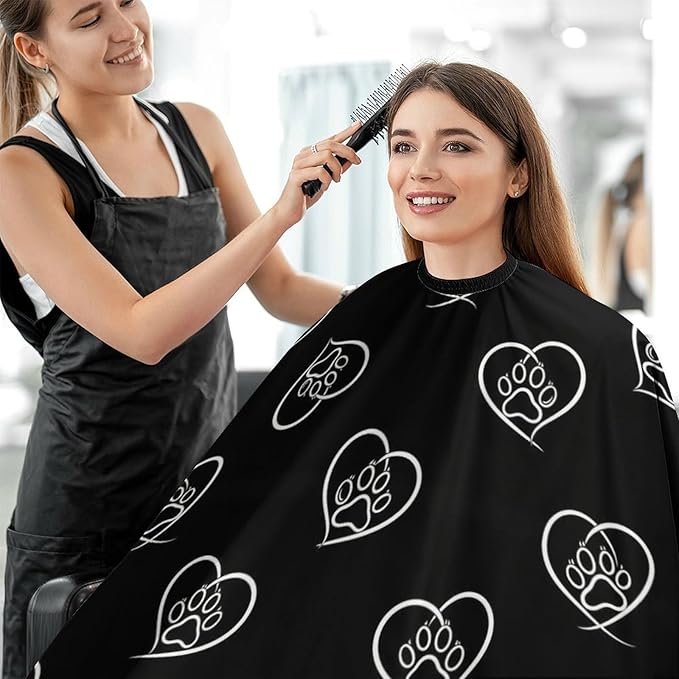 Large Long Hair Cutting Cape, Salon Apron Cat Dog Paw Prints Heart Black Haircuting Salon Cape Gown for Hair Cutting Styling