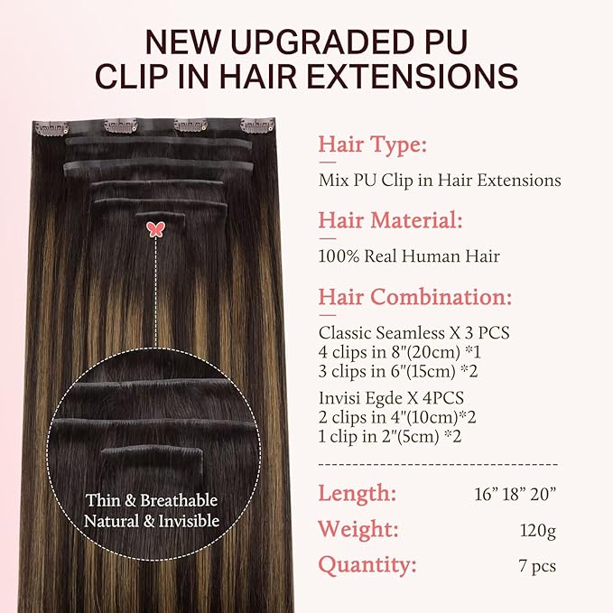 DOORES Clip in Hair Extensions Set 16 Inch 120g, 4pcs Invisi Edge Clip ins and 3pcs Classic Seamless Clip ins, Injected Virgin Real Human Hair Extensions Natural Invisible Straight, #(T2/6) P2