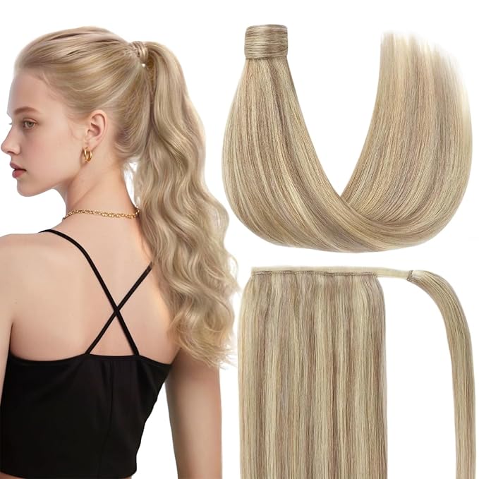 Ve Sunny Hair Extensions Ponytail Real Human Hair 80G Wrap Around Clip in Ponytail Hair Extensions Straight Extensions Human Hair for Women Blonde Highlights for Women Warm Color 14inch