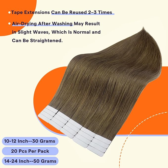 Full Shine Tape in Hair Extensions Human Hair 20PCS 12 Inch Color 3 Brown Straight Seamless Skin Weft Remy Human Hair Tape in Extensions 30g Natural Extensions for Women Real Hair Add Volume